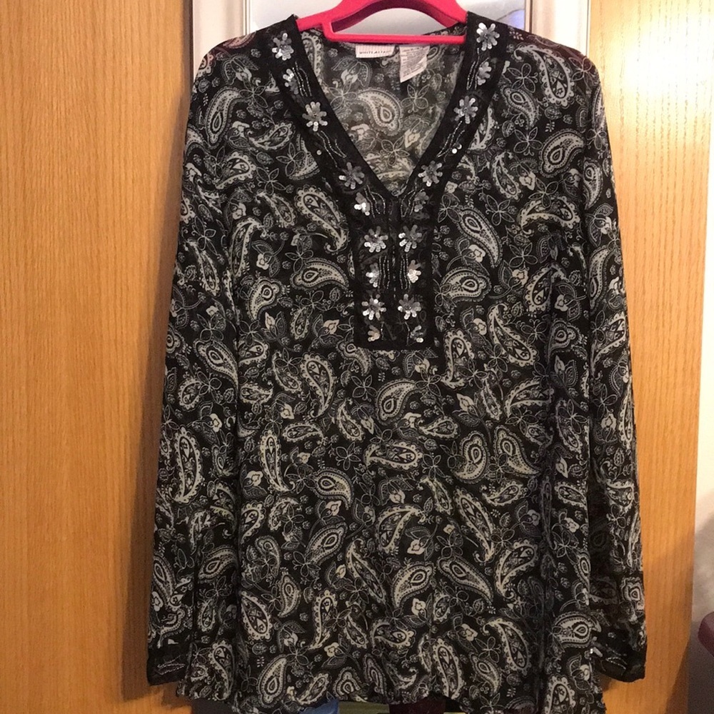 Black & white blouse with silver beads and bling.  White Stage XL (16/18)